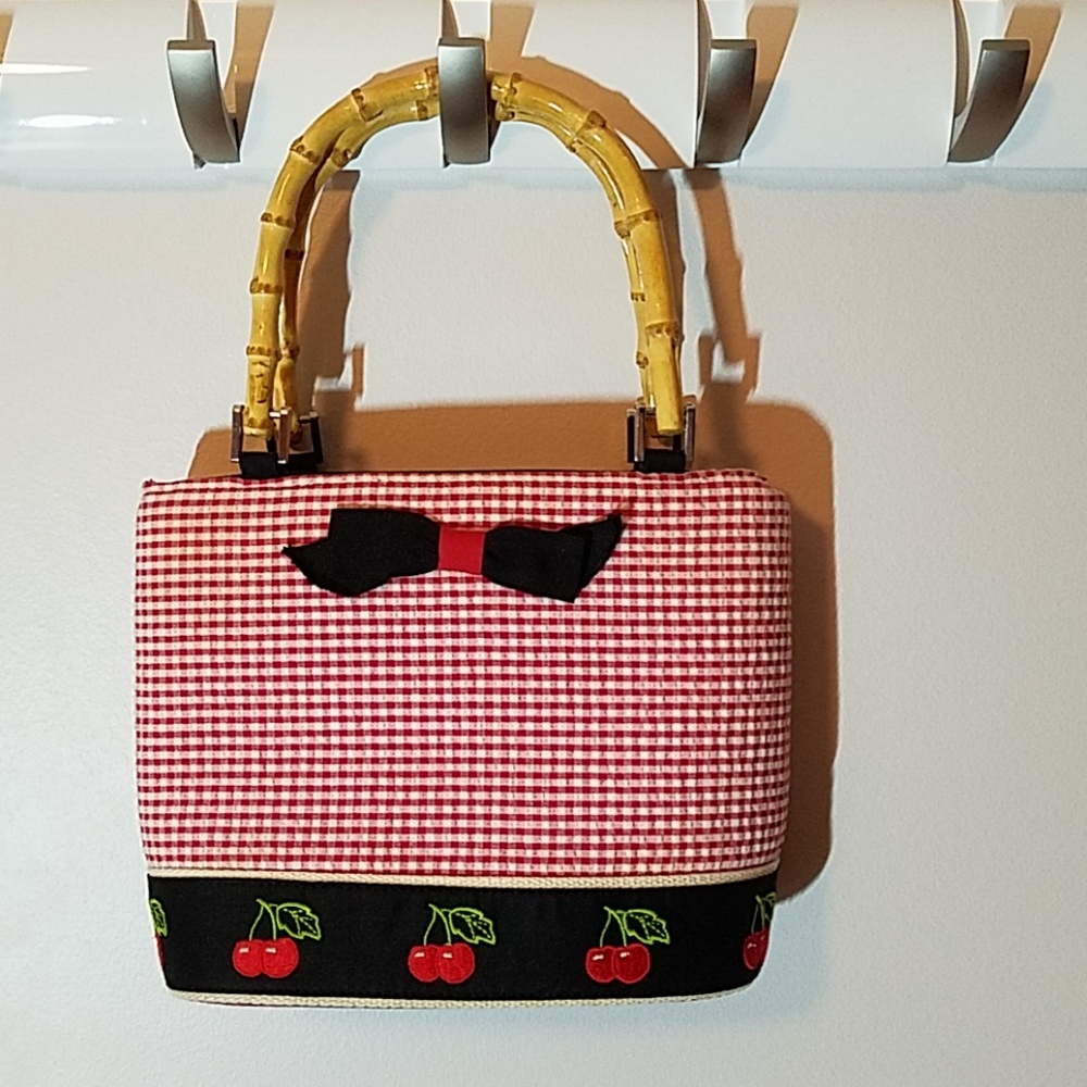 Croft & Barrow Cherry Cloth Purse w Bamboo Handles